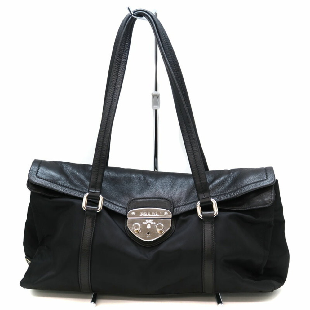 Prada Tessuto Nylon Nappa Leather Foldover Pushlock Satchel black